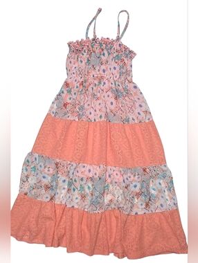 Xhilaration Coral and Teal Floral Tiered Sundress for Girls Size 7/8